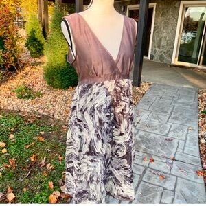 CHAN LU Elegant Sleeveless Dress in Brown and Cream. Raised Flowers in fabric!